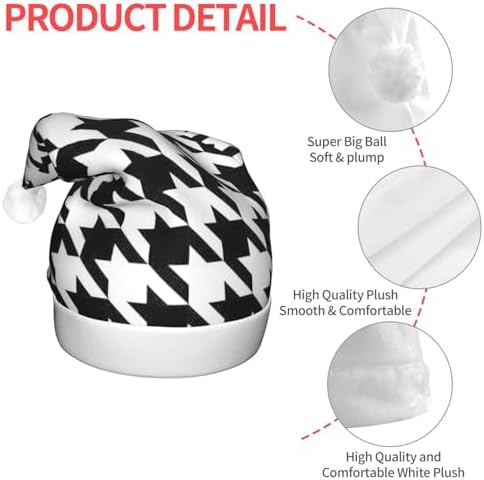 Houndstooth Black Print Christmas Santa Hat Plush Light Up Funny Adult Party Hat