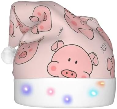 Pink Cute Pig Print LED Christmas Santa Hat Plush for Adults