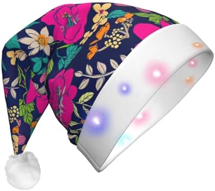 Flowers Print Christmas Santa Hat Plush with LED Light for Adults