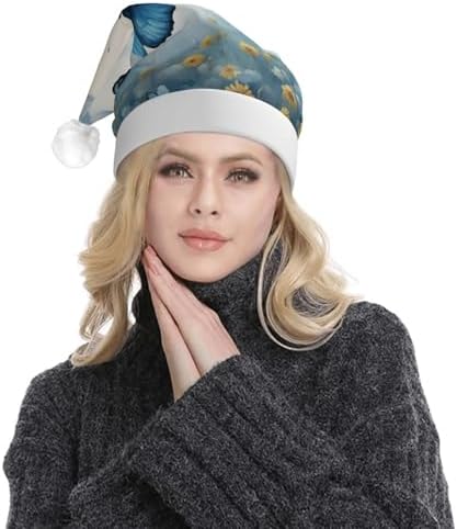 QINZHENG Blue Butterfly Velvet Santa Hat with LED Lights