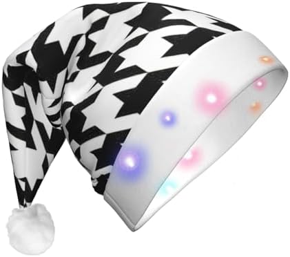 Houndstooth Black Print Christmas Santa Hat Plush Light Up Funny Adult Party Hat