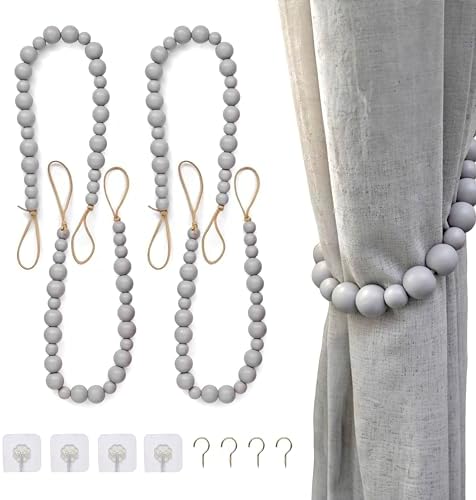 Wood Bead Curtain Tiebacks Set of 4 Boho Style