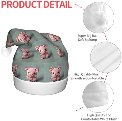 Pink Pig Print Christmas Santa Hat Plush Light Up for Adult