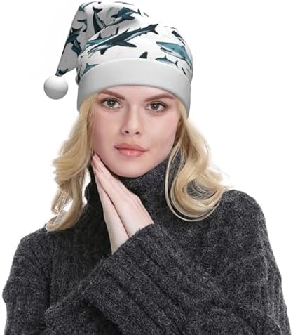 Shark Pattern Christmas Santa Hat Plush Funny Adult Headwear