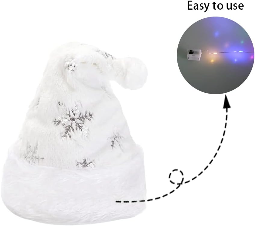 Flash Santa Hat for Adults Unisex White Plush Christmas Headwear with Snowflakes