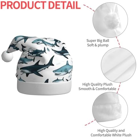 Shark Pattern Christmas Santa Hat Plush Funny Adult Headwear