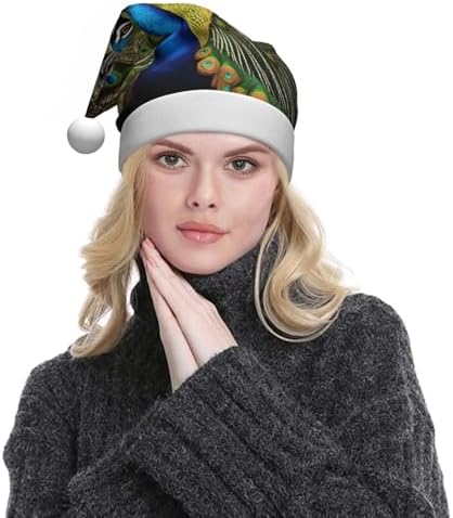QINZHENG Peacock Feather Print Santa Hat for Women