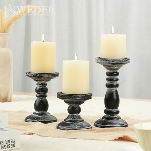 Inweder 3Pcs Rustic Black Candle Holders for Pillar Candles