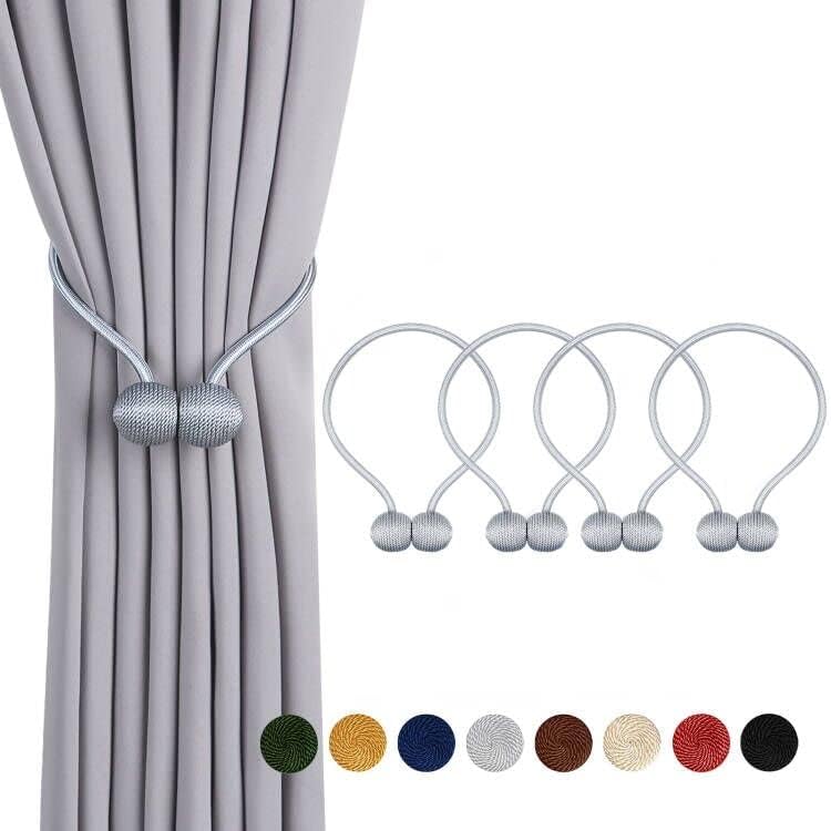 Strong Magnetic Curtain Tiebacks with Woven Ropes - 4pcs Grey Set