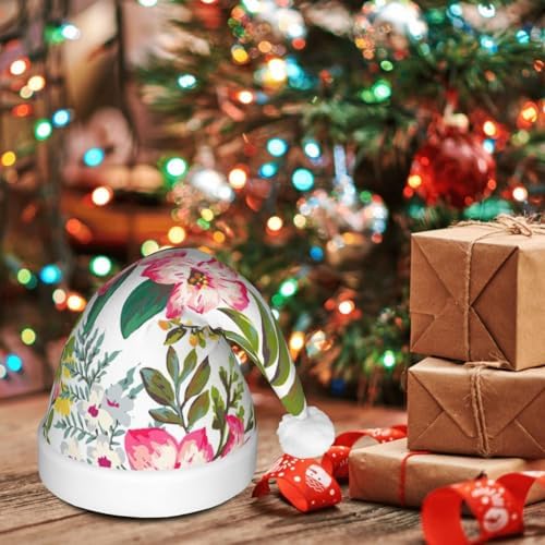 Hibiscus Flowers Christmas Santa Hat Plush Light Up Funny Adult Party Hat