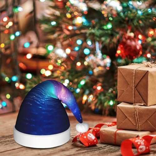 HD Pretty Galaxy Print Christmas Santa Hat Plush for Adults