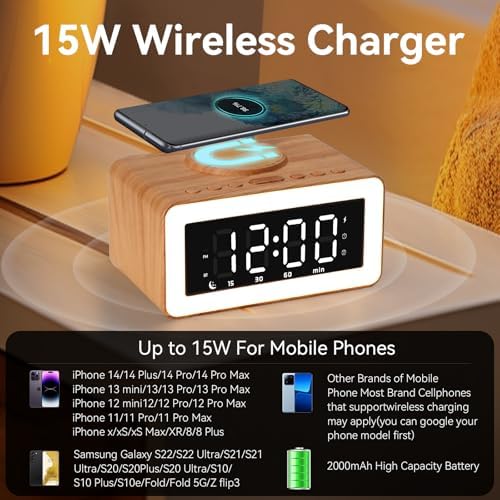 Bluetooth Alarm Clock with Wireless Charging and LED Night Light
