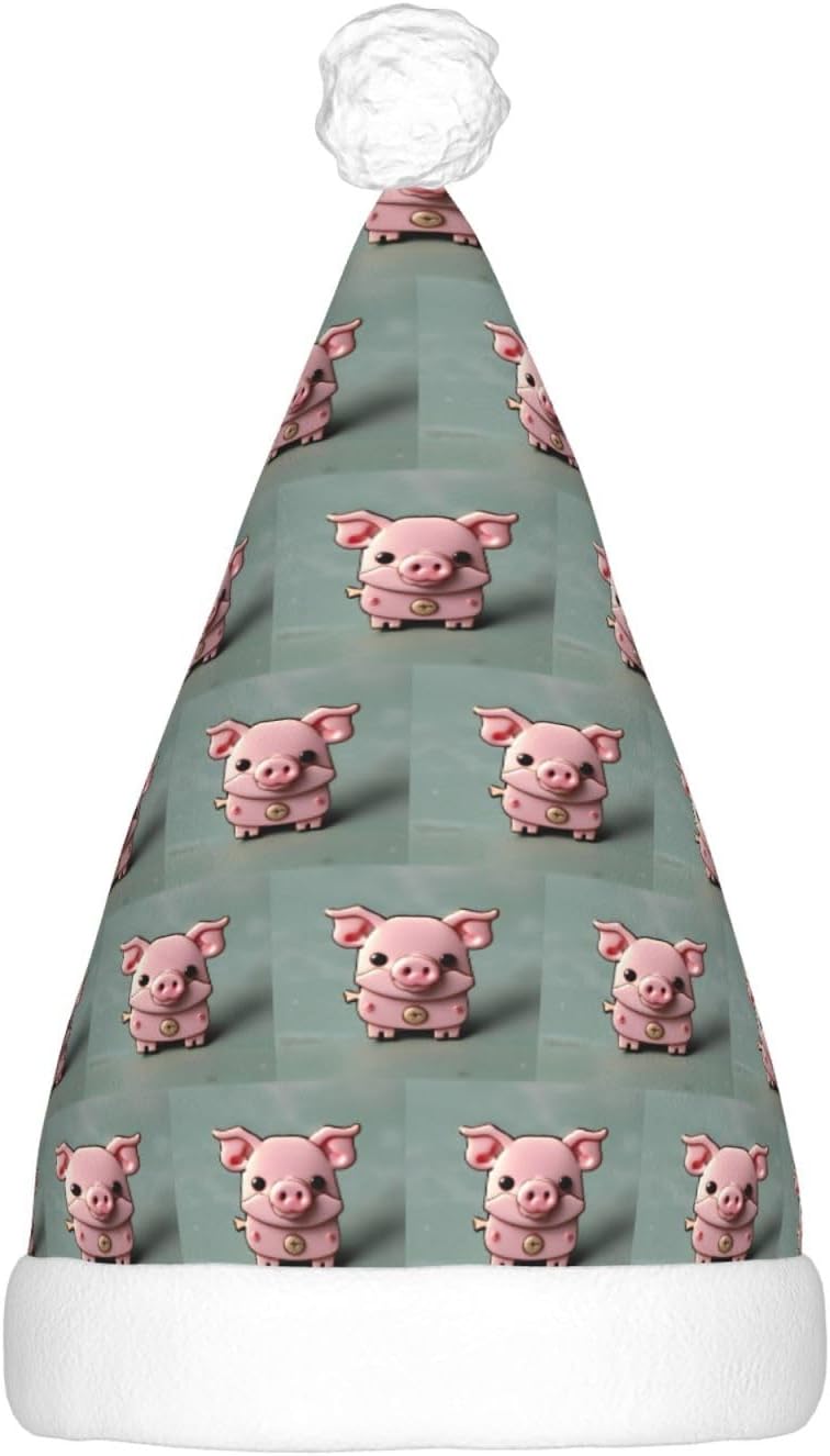 Pink Pig Print Christmas Santa Hat Plush Light Up for Adult