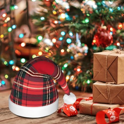 Plaid Red and Black Christmas Santa Hat Plush Light Up for Adults