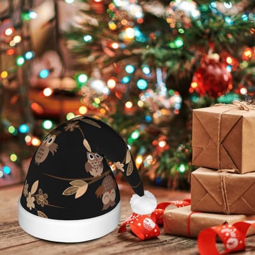 Cute Brown Cartoon Owls Christmas Santa Hat Plush Light Up Adult Party Hat