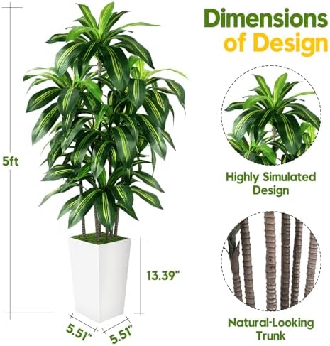 PUUKU 5FT Artificial Dracaena Tree with White Planter