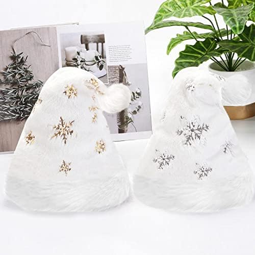 Flash Santa Hat for Adults Unisex White Plush Christmas Headwear with Snowflakes