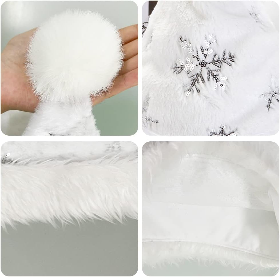 Flash Santa Hat for Adults Unisex White Plush Christmas Headwear with Snowflakes