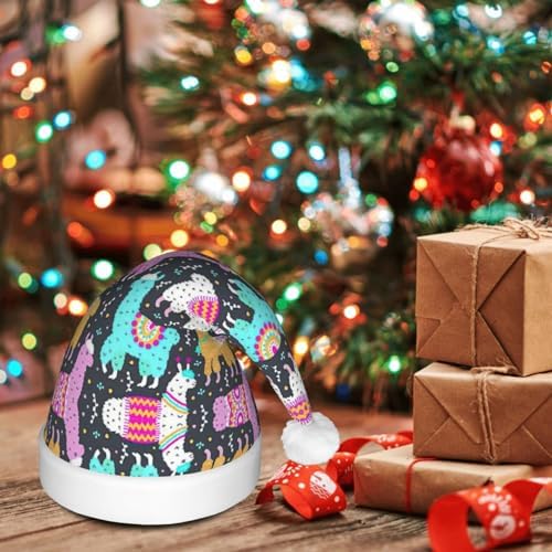 Indian Alpaca Print Christmas Santa Hat Plush LED Light Up for Adults
