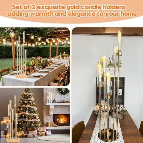 2 Sets Gold Candelabra Centerpieces with LED Candles
