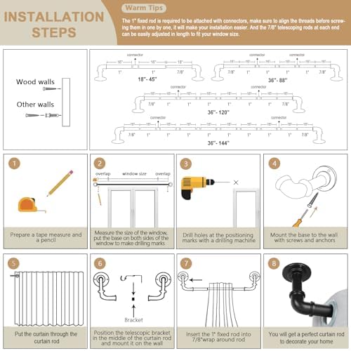 OLV Black Industrial Curtain Rods 48-84 Inch