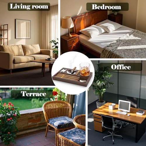 Wooden Cigar Ashtray with Cutters and Whiskey Glass Holder