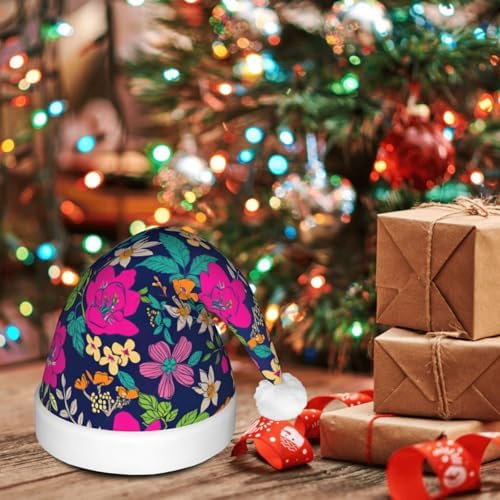 Flowers Print Christmas Santa Hat Plush with LED Light for Adults