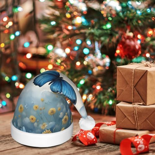 QINZHENG Blue Butterfly Velvet Santa Hat with LED Lights