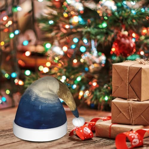 Gold Blue White Print Christmas Santa Hat Plush for Adult