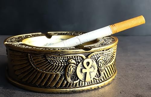 Egyptian Theme Ankh Dual Cobra Winged Scarab Ashtray Figurine 4 Inch