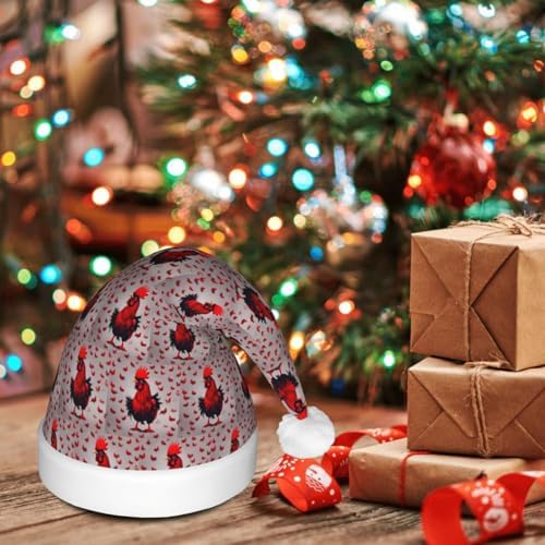 Red Chicken Print Christmas Santa Hat Plush LED Light Up Adult Party Hat