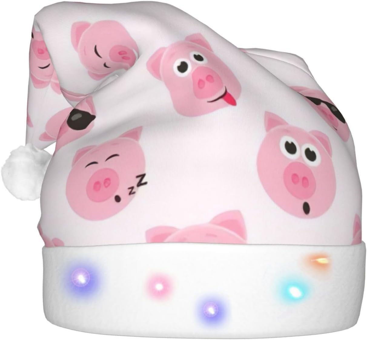 Funny Pink Pig Face Christmas Santa Hat Plush Light Up for Adult