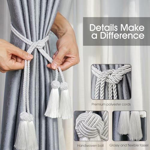 2 Pack Grey Curtain Tassel Tiebacks with Rope