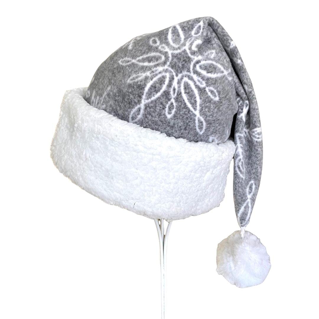 Gray White Snowflake Fleece Santa Hat Novelty Christmas Adult Hat