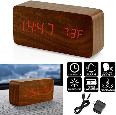 OCT17 Brown Wooden Digital Alarm Clock with Thermometer and Voice Control