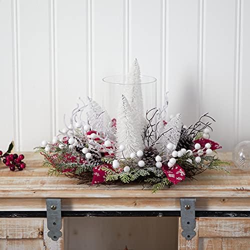 Nearly Natural 15in Holiday Lighted Forest Candle Holder