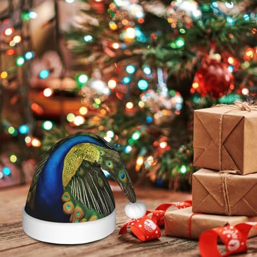 QINZHENG Peacock Feather Print Santa Hat for Women
