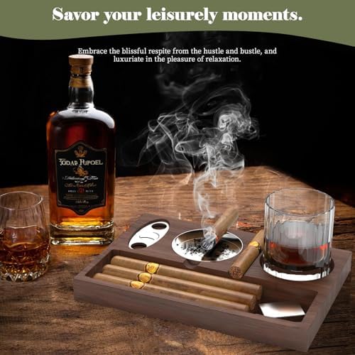 Wooden Cigar Ashtray with Cutters and Whiskey Glass Holder