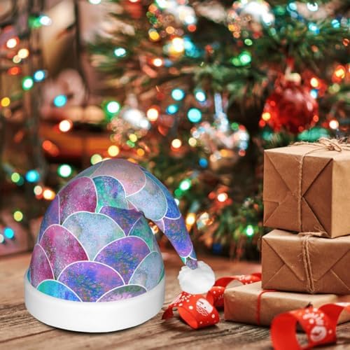 Fish Scale Ocean Print LED Santa Hat for Adults Christmas Party