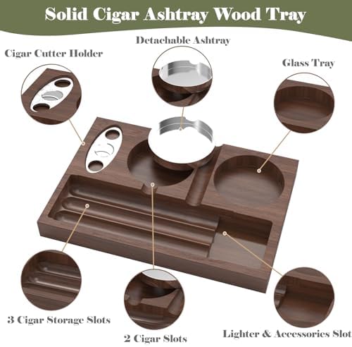 Wooden Cigar Ashtray with Cutters and Whiskey Glass Holder