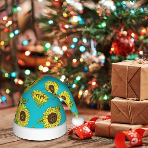 QINZHENG Sunflowers Print Santa Hat for Women Adult Christmas Gift