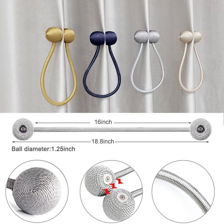 Strong Magnetic Curtain Tiebacks with Woven Ropes - 4pcs Grey Set