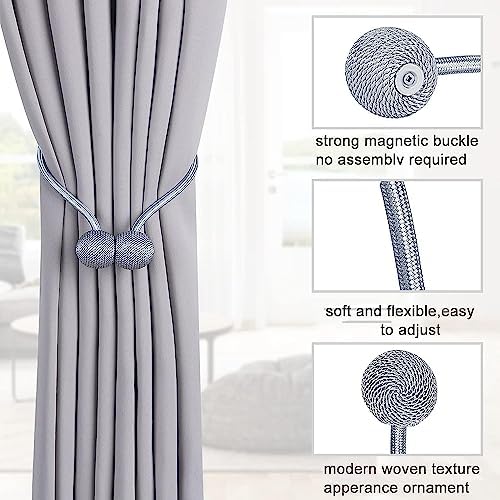 Strong Magnetic Curtain Tiebacks with Woven Ropes - 4pcs Grey Set