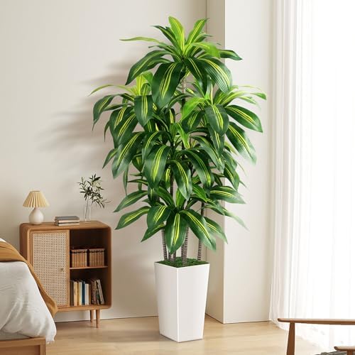 PUUKU 5FT Artificial Dracaena Tree with White Planter