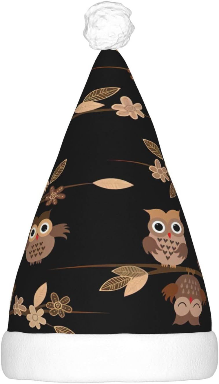 Cute Brown Cartoon Owls Christmas Santa Hat Plush Light Up Adult Party Hat