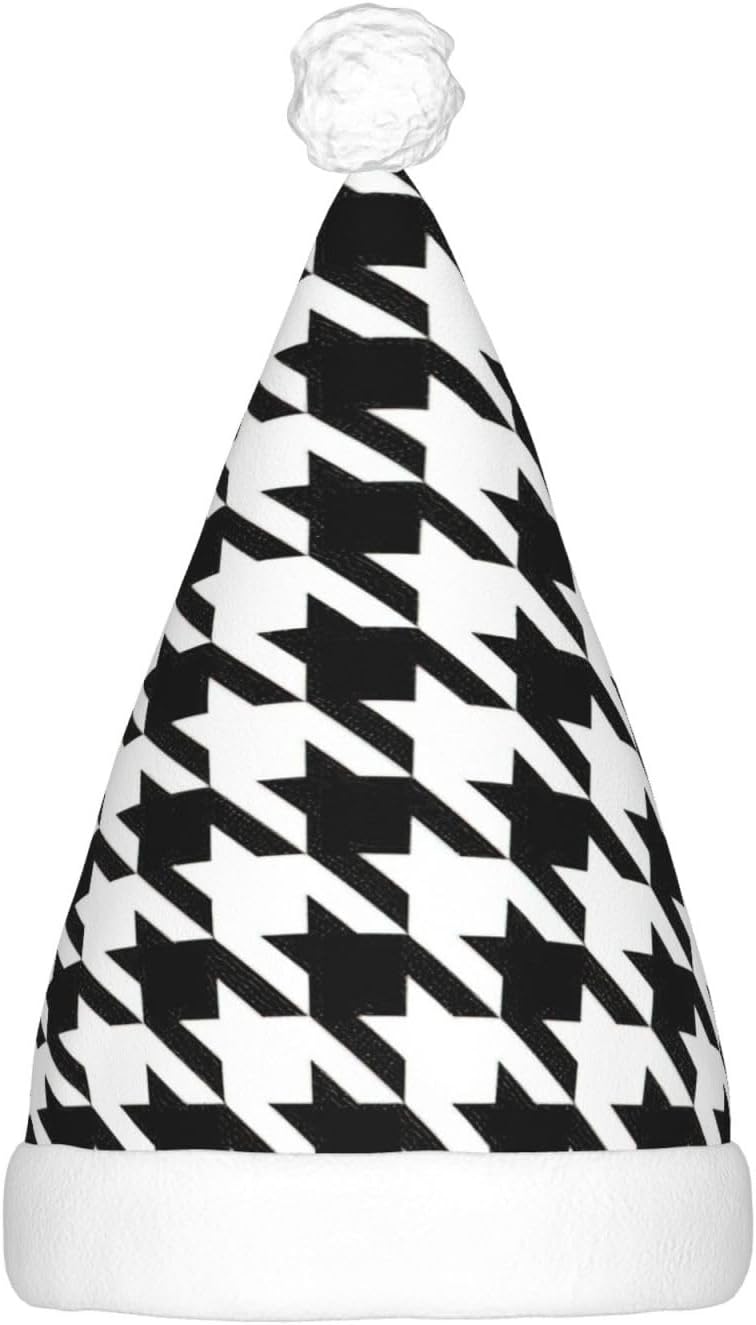 Houndstooth Black Print Christmas Santa Hat Plush Light Up Funny Adult Party Hat