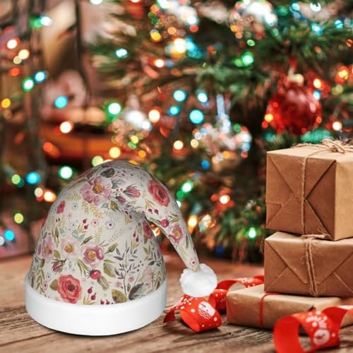 Flower Leaf Print Christmas Santa Hat Plush Light Up Funny Adult Party Hat