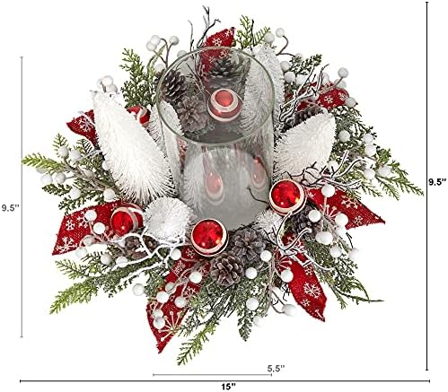 Nearly Natural 15in Holiday Lighted Forest Candle Holder