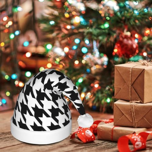 Houndstooth Black Print Christmas Santa Hat Plush Light Up Funny Adult Party Hat
