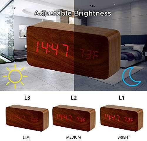 OCT17 Brown Wooden Digital Alarm Clock with Thermometer and Voice Control